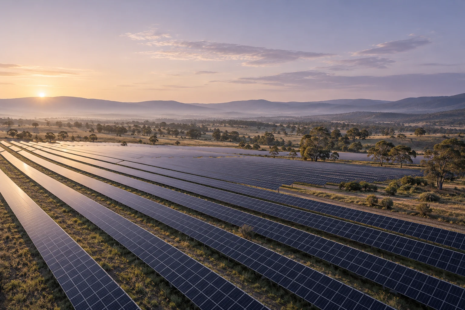 Illustrative aerial landscape of solar panels across the Australian countryside at sunrise